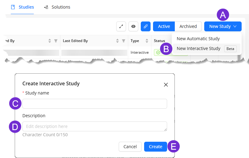 Creating a new interactive study with fields for name and description.